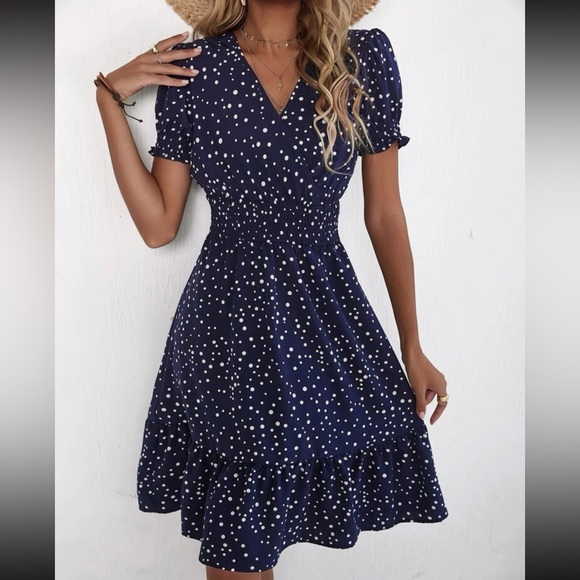 Boho polka dots puff sleeve A line dress - Picture 4 of 12